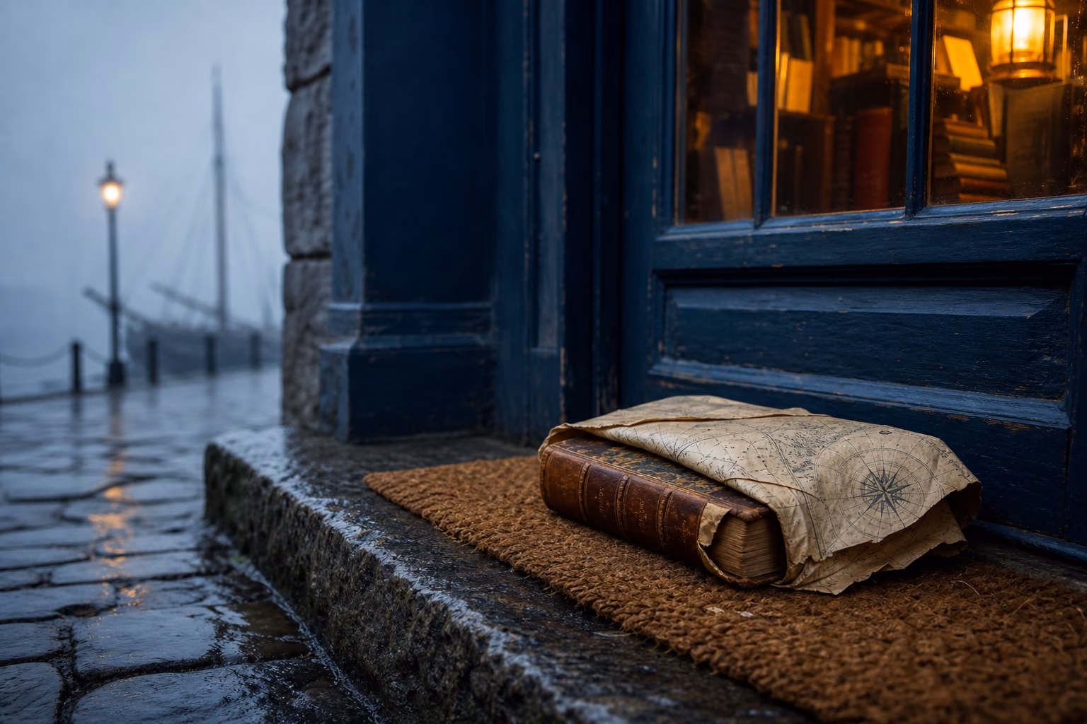 A book wrapped in an old harbor chart, left on the bookshop doorstep at dawn — the opening image of The Last Wednesday