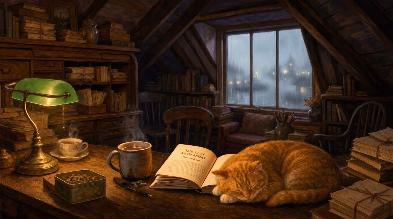 A lamp-lit attic reading room on a wet evening — an open book, a steaming mug, and a ginger cat asleep beside the shelves